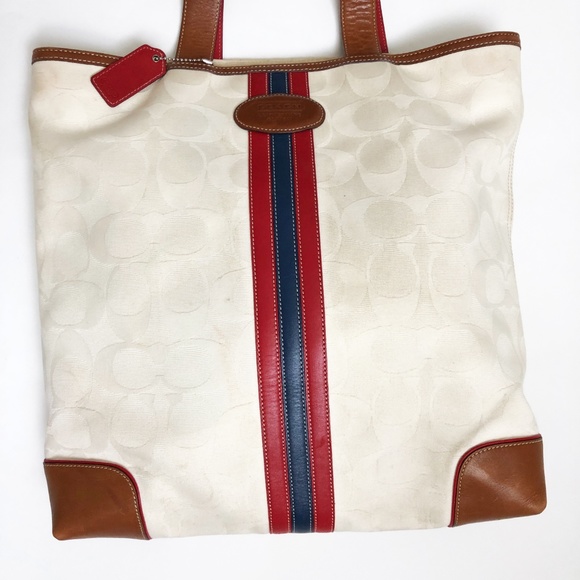 Vintage Coach Bag Tote Signature Stripe Canvas and Leather Shopper Tote #6644 - Picture 3 of 8